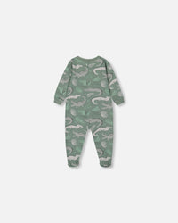 Printed Organic Cotton One-Piece Pajama Light Sage And Gray Crocodile Pajamas Deux par Deux 