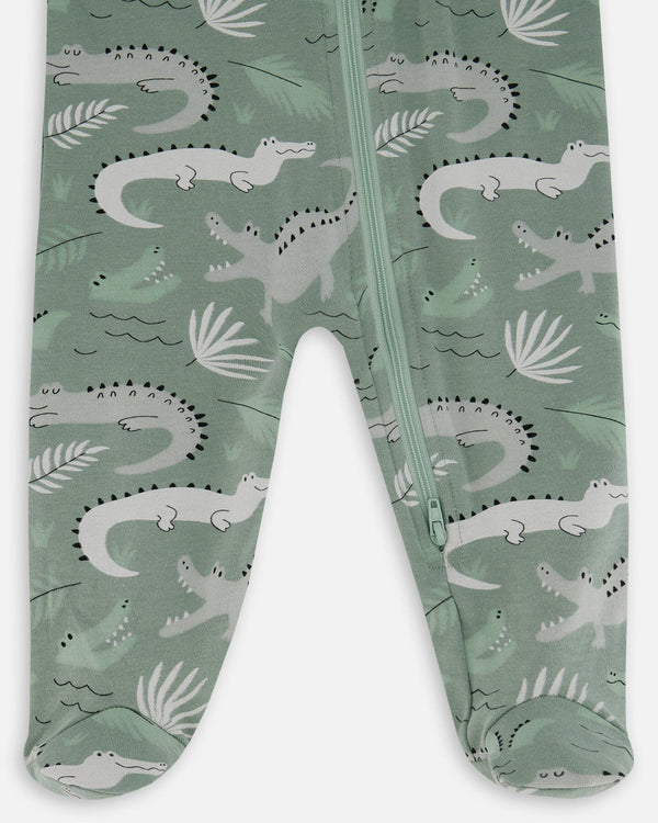 Printed Organic Cotton One-Piece Pajama Light Sage And Gray Crocodile Pajamas Deux par Deux 