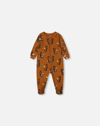 Printed Organic Cotton One-Piece Pajama Sloths On Tan Background Pajamas Deux par Deux 3m 