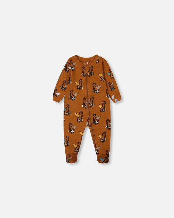 Printed Organic Cotton One-Piece Pajama Sloths On Tan Background Pajamas Deux par Deux 3m 