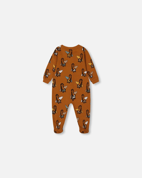 Printed Organic Cotton One-Piece Pajama Sloths On Tan Background Pajamas Deux par Deux 