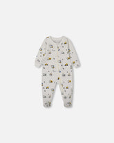 Printed Organic Cotton One-Piece Pajama Off-White And Multi Truck