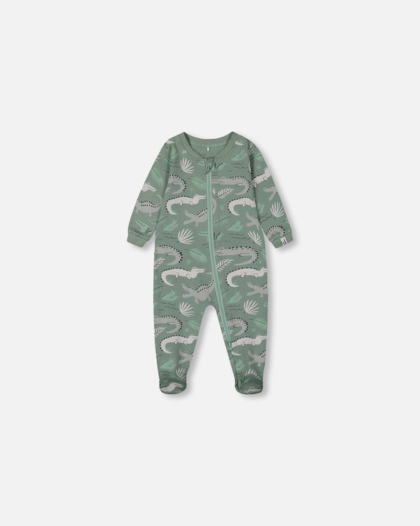 Printed Organic Cotton One-Piece Pajama Light Sage And Gray Crocodile - G30PA40US_043