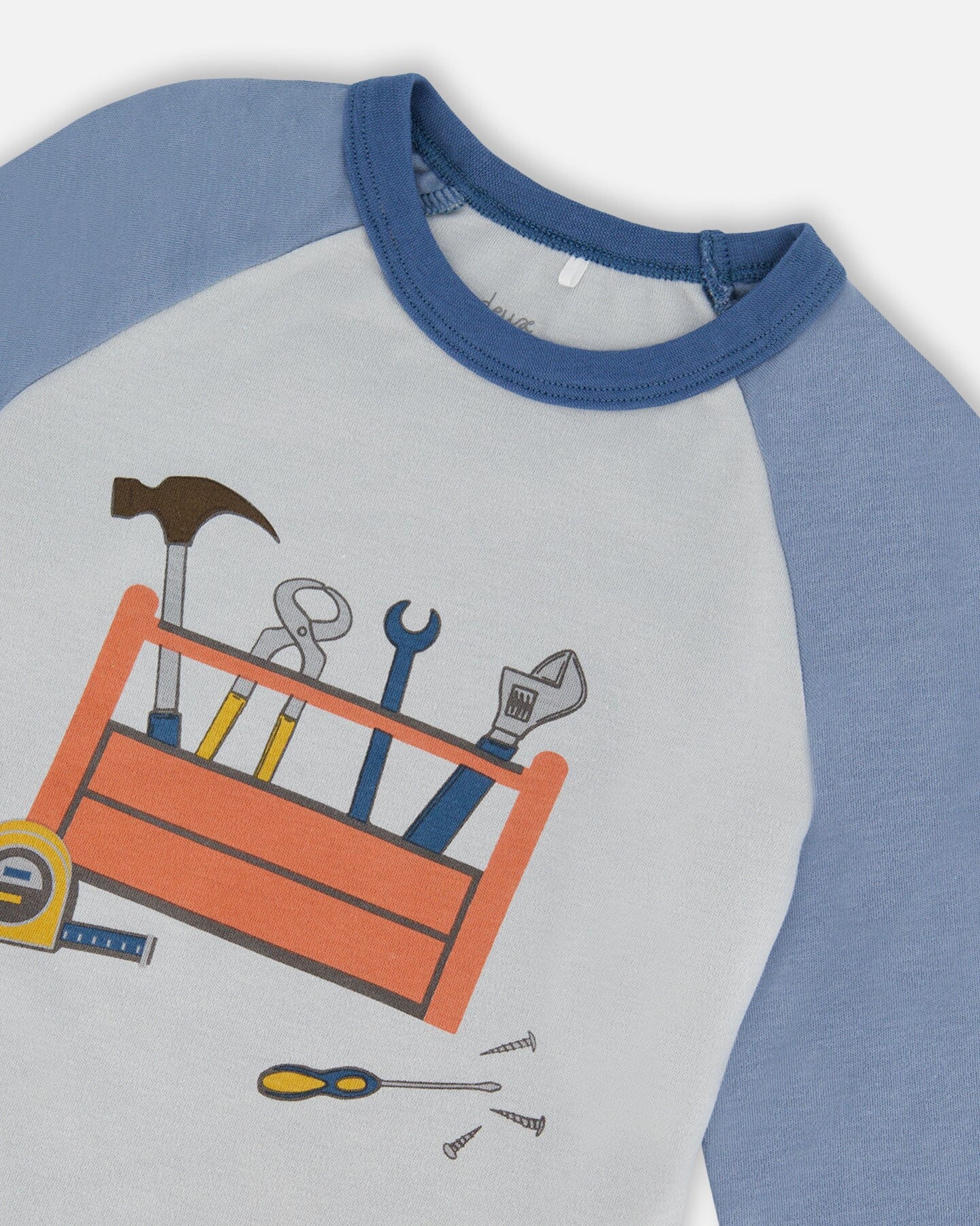 Organic Cotton Long Sleeve Top And Pants Two-Piece Pajama Set Tools On Bluish Gray Background Pajamas Deux par Deux 