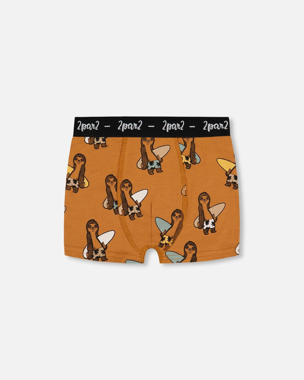 Printed Organic Cotton Boxer Shorts Sloths On Tan Background - G30PB60_044