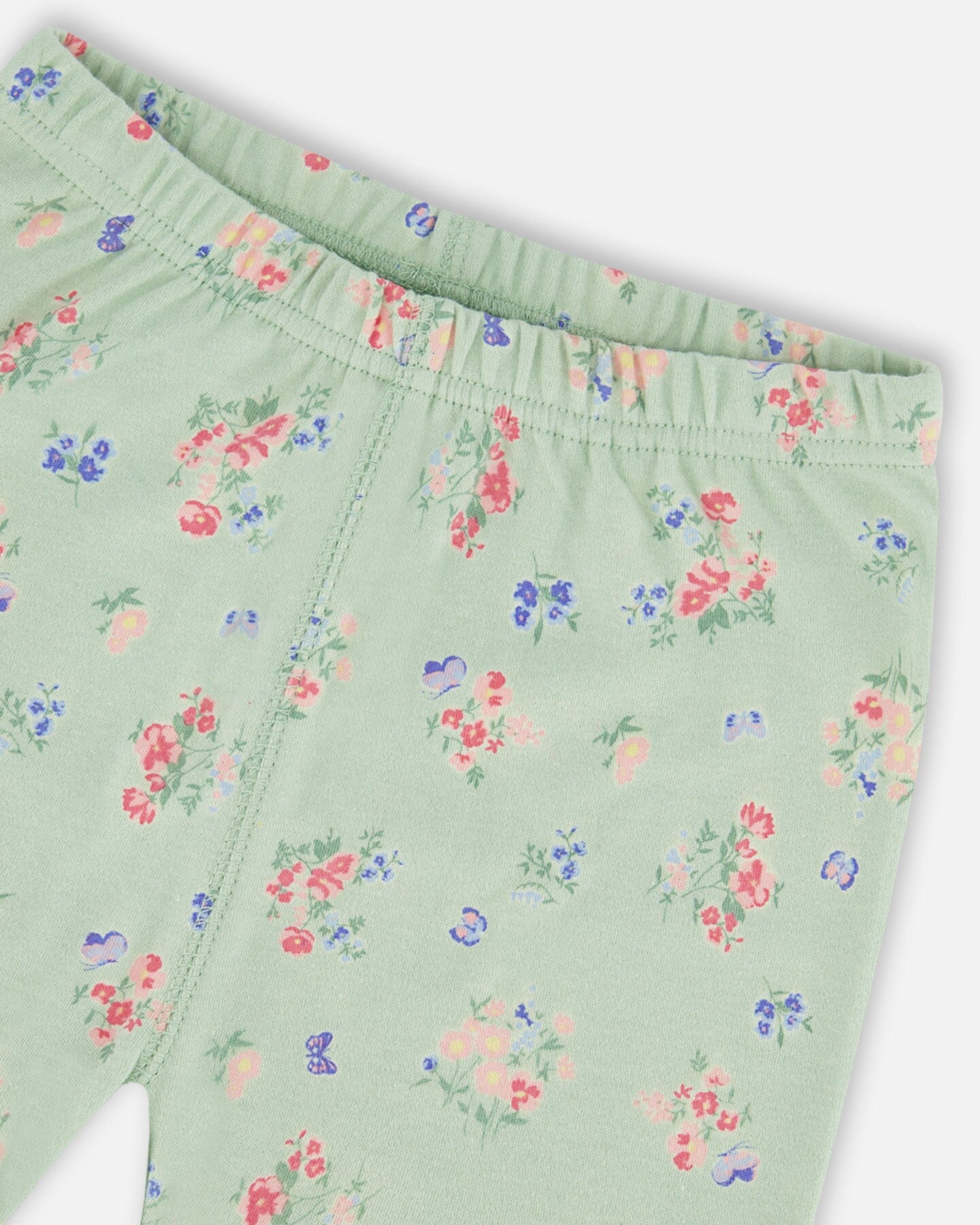 Organic Cotton Two-Piece Short Pajama Set Small Pink And Blue Flowers On Light Sage Pajamas Deux par Deux 