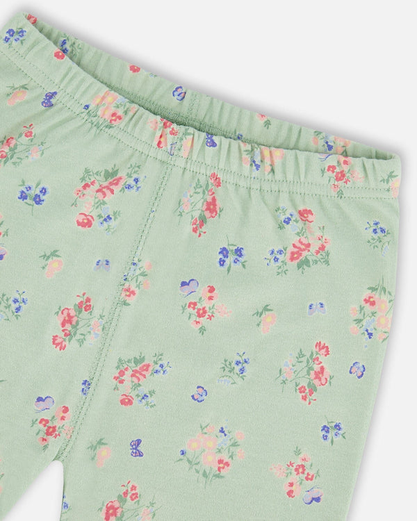 Organic Cotton Two-Piece Short Pajama Set Small Pink And Blue Flowers On Light Sage Pajamas Deux par Deux 