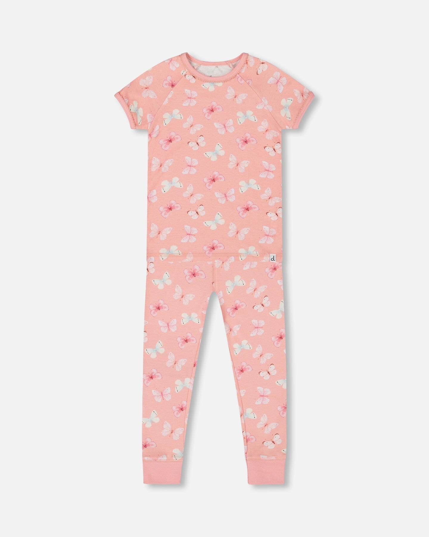 Organic Cotton Short Sleeve Top And Pant Pajama Set Pink And Blue Butterflies On Old Pink Pajamas Deux par Deux 12m 