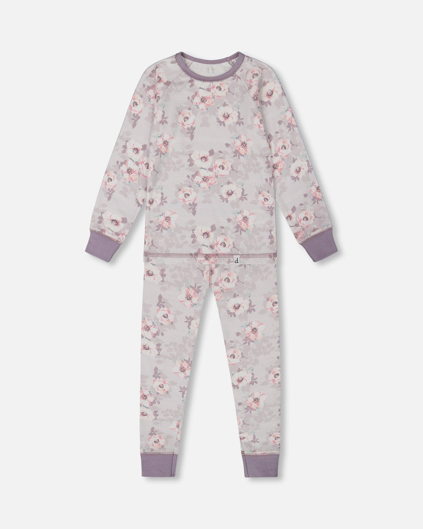 Printed Organic Cotton Long Sleeve Top And Pant Pajama Set Pale Pink Flowers On Neutral Lilac Pajamas Deux par Deux 