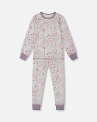 Printed Organic Cotton Long Sleeve Top And Pant Pajama Set Pale Pink Flowers On Neutral Lilac Pajamas Deux par Deux 