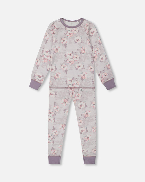 Printed Organic Cotton Long Sleeve Top And Pant Pajama Set Pale Pink Flowers On Neutral Lilac Pajamas Deux par Deux 