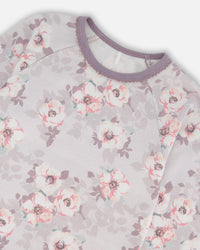 Printed Organic Cotton Long Sleeve Top And Pant Pajama Set Pale Pink Flowers On Neutral Lilac Pajamas Deux par Deux 