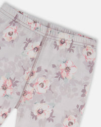 Printed Organic Cotton Long Sleeve Top And Pant Pajama Set Pale Pink Flowers On Neutral Lilac Pajamas Deux par Deux 