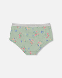 Printed Organic Cotton Boyshort Panty Small Pink And Blue Flowers On Light Sage - G30PG60_029