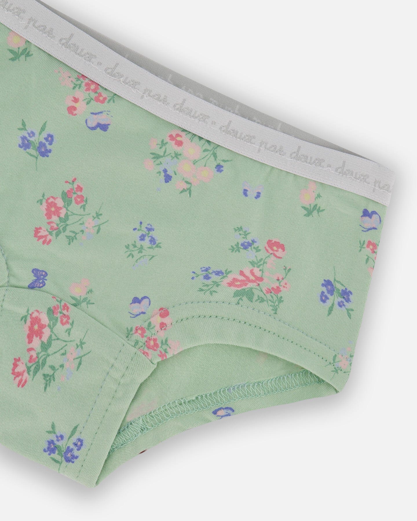 Printed Organic Cotton Boyshort Panty Small Pink And Blue Flowers On Light Sage - G30PG60_029