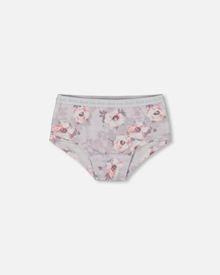 Printed Organic Cotton Boyshort Panty Pale Pink Flowers On Neutral Lilac - G30PG60_032