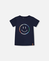 Organic Cotton Graphic Tee Smiling Navy Blue