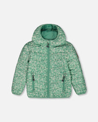 Printed Quilted Mid-Season Jacket Small White Flowers On Sage Green Background - G30W58_013