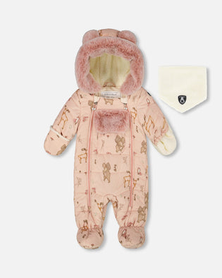 One-Piece Baby Layette Snowsuit Designed For Car Seat Pink Printed Animal - H10A601_001