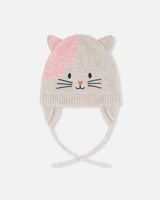 Lined Knit Hat With Ears Off-White And Pink - H10Z12_000