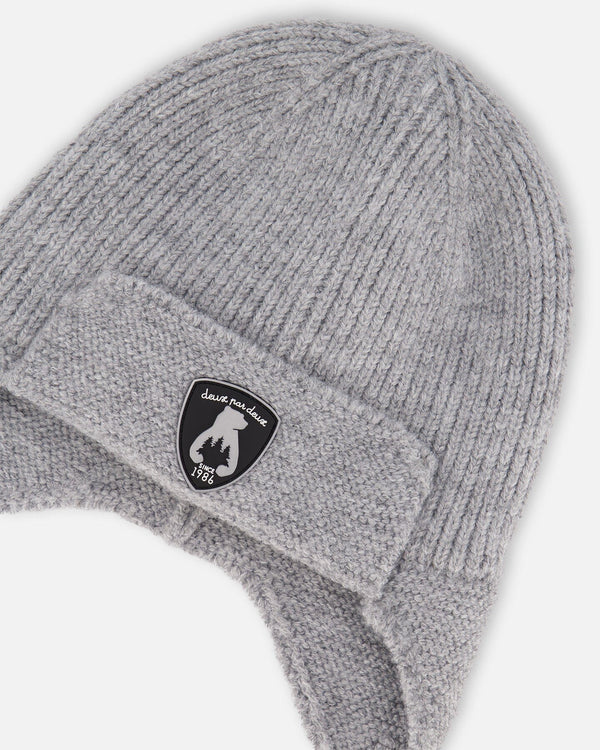 Lined Baby Knit Hat With Ears And Strings Heather Gray - H10ZA07_194
