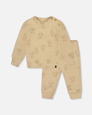 Organic Cotton Pant And Top Set Beige Printed Dogs - H20C10_043