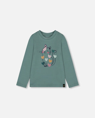 Organic Cotton T-Shirt Sage With Cat - H20E70_461