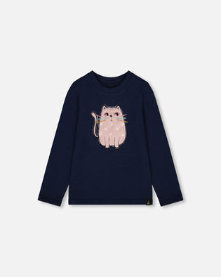 Organic Cotton T-Shirt Dark Blue With Cat - H20E70_499
