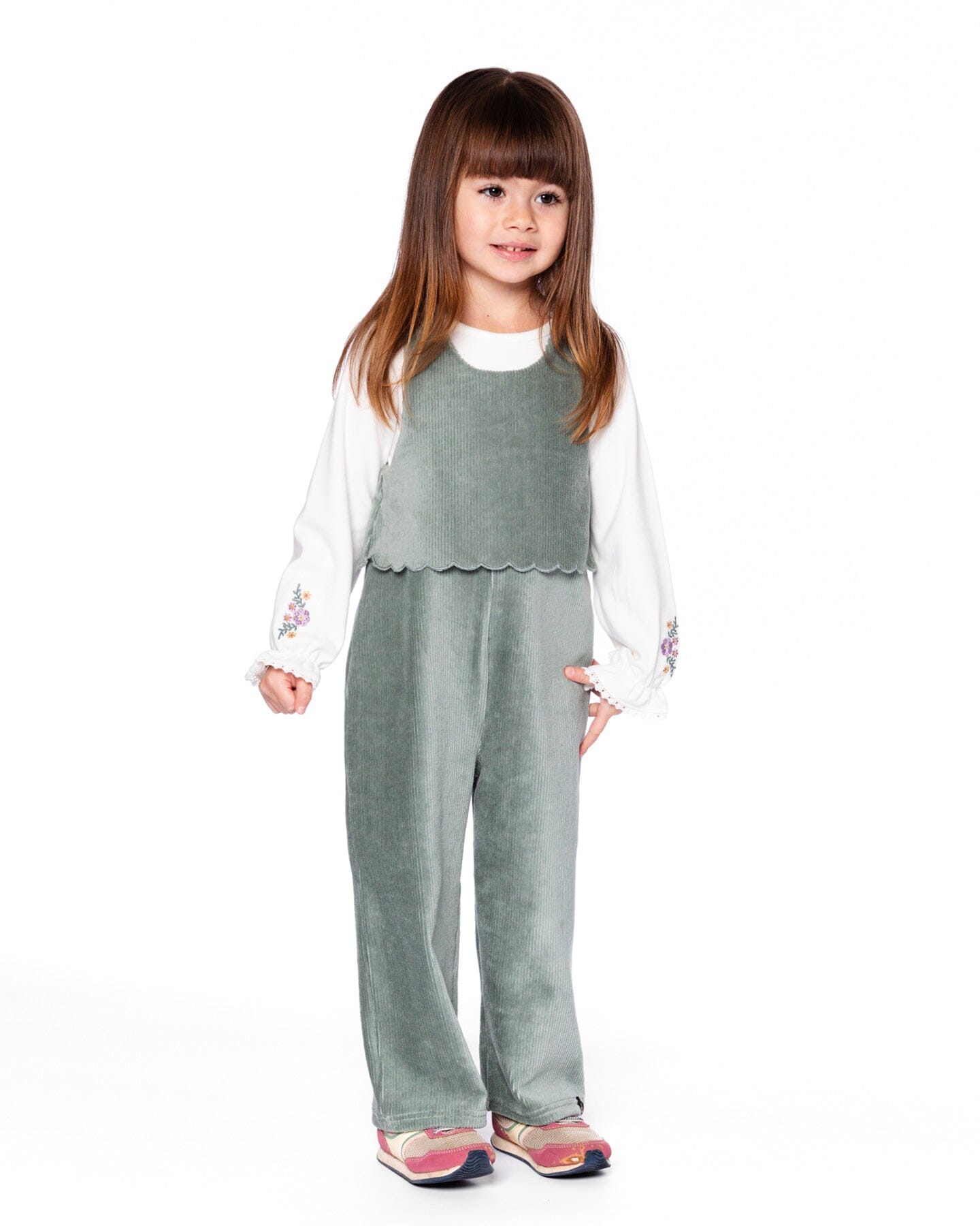 Stretch Velour Faux-Layered Overalls Jade Green - H20F41_325