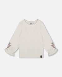Jersey Top Off-White With Embroidered Floral Sleeves - H20F70_101