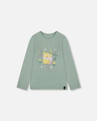 Organic Cotton Jersey Top Jade Green With Owl - H20F71_325