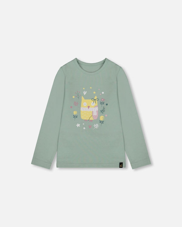 Organic Cotton Jersey Top Jade Green With Owl - H20F71_325