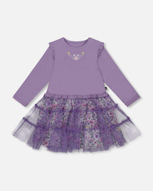 Bi-Material Dress With Muslin And Mesh Skirt Purple Gray - H20F89_547
