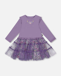 Bi-Material Dress With Muslin And Mesh Skirt Purple Gray - H20F89_547