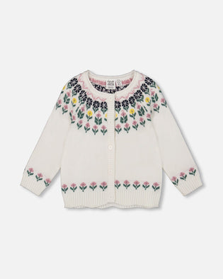 Jacquard Knit Cardigan Off-White With Floral Pattern - H20FT31_101