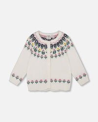 Jacquard Knit Cardigan Off-White With Floral Pattern - H20FT31_101
