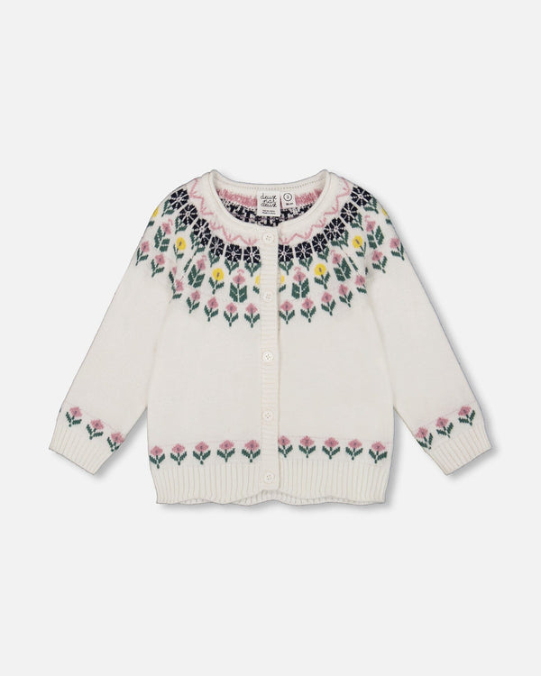 Jacquard Knit Cardigan Off-White With Floral Pattern - H20FT31_101