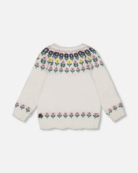 Jacquard Knit Cardigan Off-White With Floral Pattern - H20FT31_101