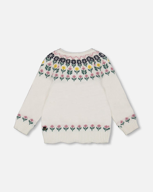 Jacquard Knit Cardigan Off-White With Floral Pattern - H20FT31_101