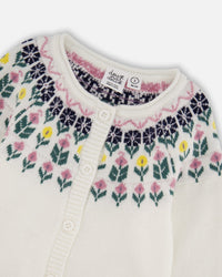 Jacquard Knit Cardigan Off-White With Floral Pattern - H20FT31_101