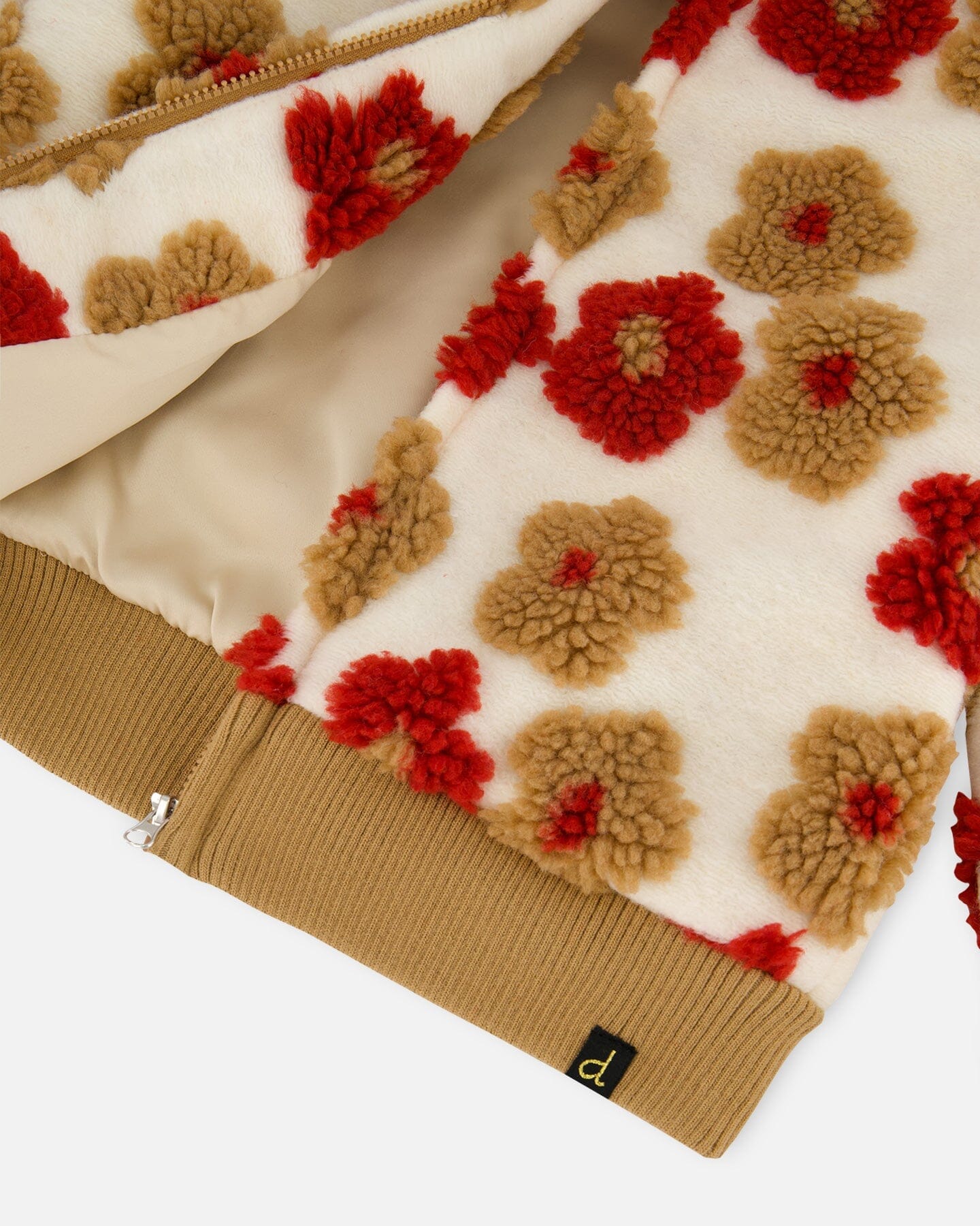 Full Zip Sherpa Jacket With Jacquard Floral Pattern Beige And Red - H20G52_000