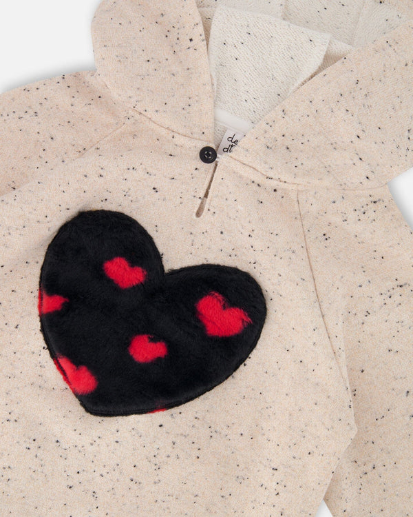 Glittering Beige French Terry Hoodie With Heart Applique - H20H31_000