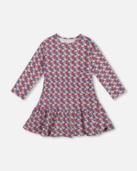 Organic Cotton Dress With Flounce Hem Blue Apple Print - H20I85_080