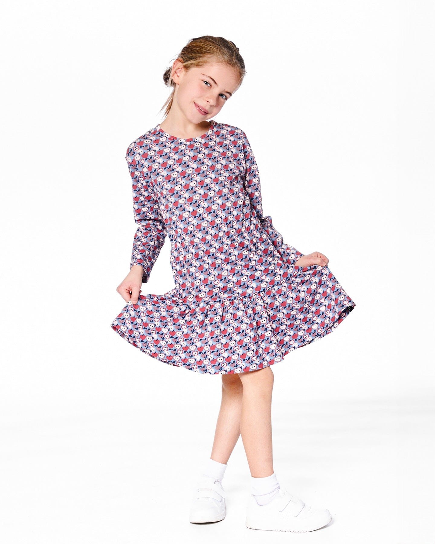 Organic Cotton Dress With Flounce Hem Blue Apple Print - H20I85_080