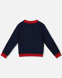 Knitted Cardigan Navy Blue With Red Embroidered Hearts - H20IT30_484