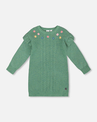 Knitted Dress Sage Green With Ruffles And Floral Embroidery - H20JT85_340