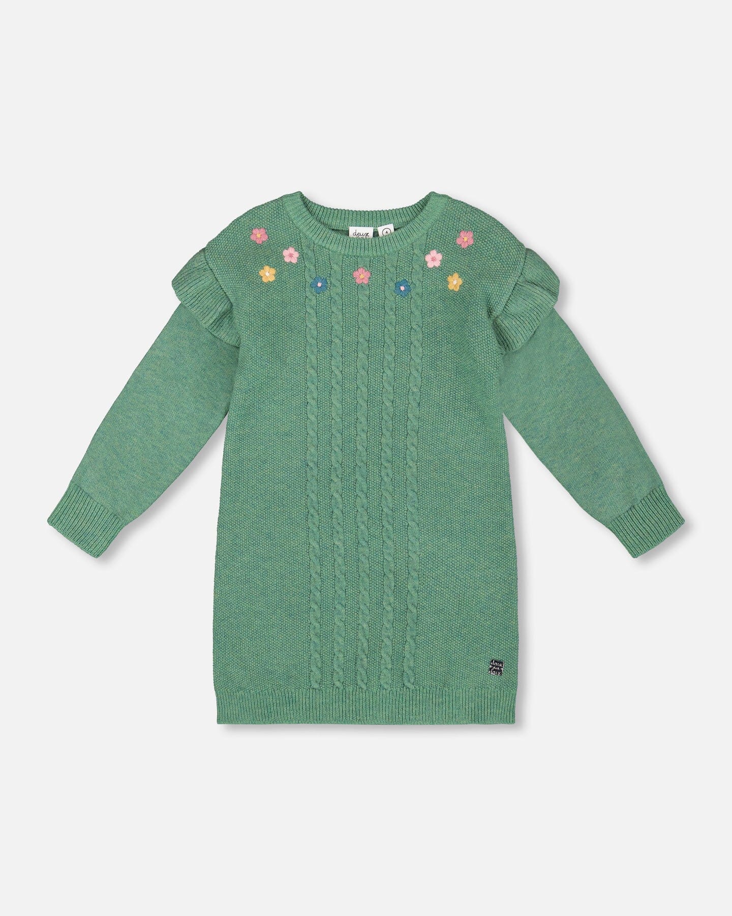 Knitted Dress Sage Green With Ruffles And Floral Embroidery - H20JT85_340