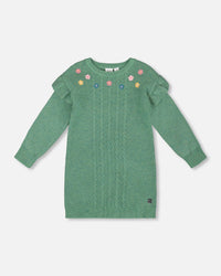 Knitted Dress Sage Green With Ruffles And Floral Embroidery - H20JT85_340