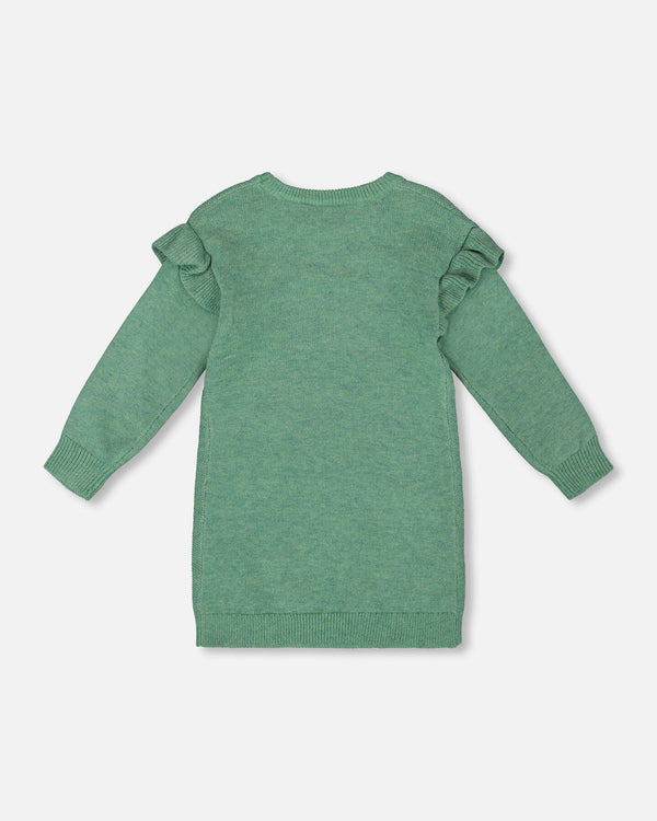 Knitted Dress Sage Green With Ruffles And Floral Embroidery - H20JT85_340