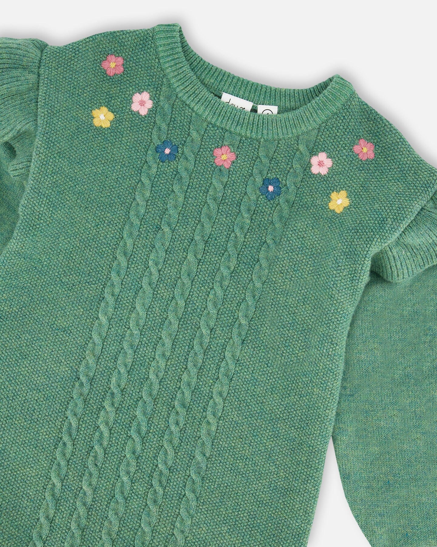 Knitted Dress Sage Green With Ruffles And Floral Embroidery - H20JT85_340
